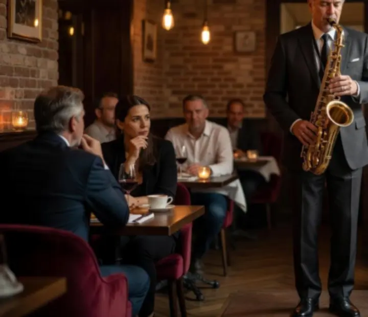 Élő jazz zenekar hangulatos bisztró környezetben
