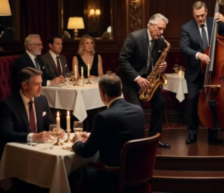 Élő jazz zenekar játszik egy elegáns, gyertyafényes éttermi térben