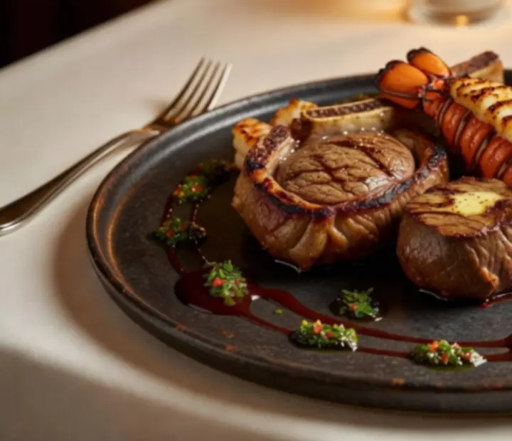 Gourmet steak és tenger gyümölcsei tálalás márványtálon, fine dining stílusban