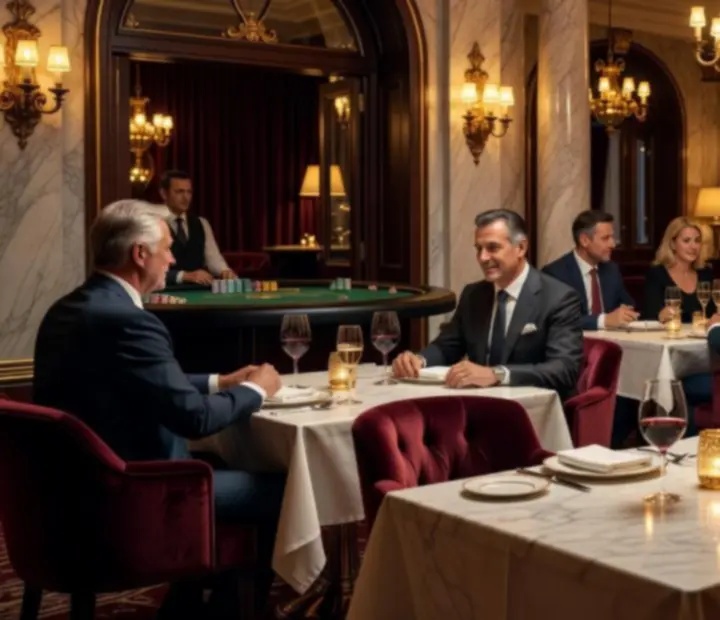 Cinematic nézet egy elegáns, gyertyafényes budapesti steakhouse belső teréről prémium poker asztalokkal