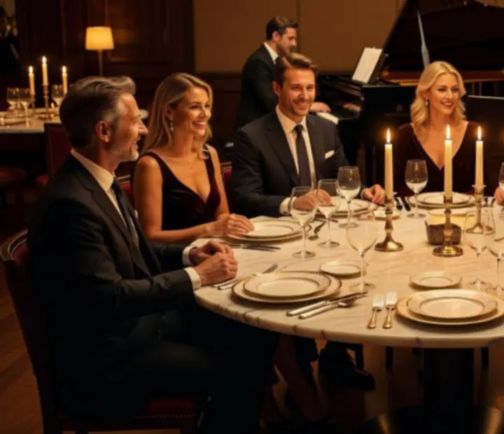 Élő jazz zenekar és gyertyafényes fine dining vacsora elegáns vendégekkel