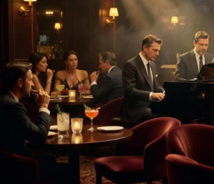 Élő jazz zenekar játszik elegáns bárkörnyezetben, gyertyafényes asztalokkal