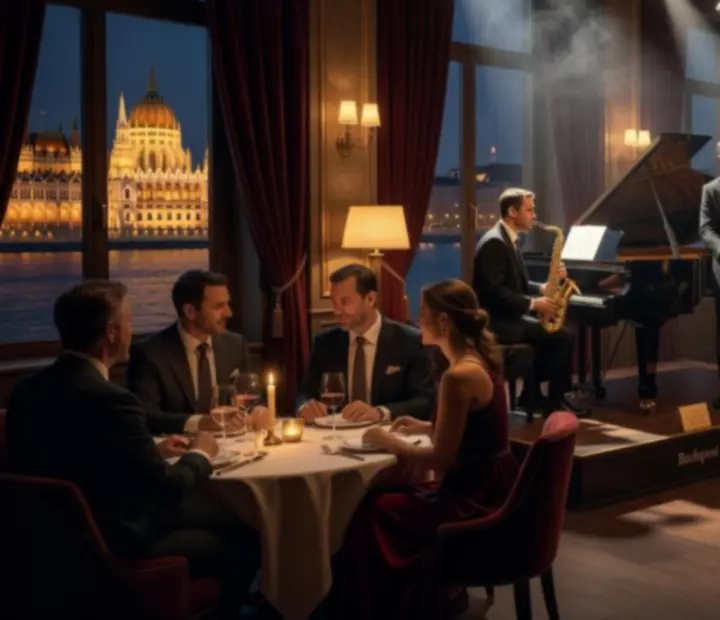 Élő jazz zenekar játszik egy elegáns, gyertyafényes étteremben stílusos vendégek előtt