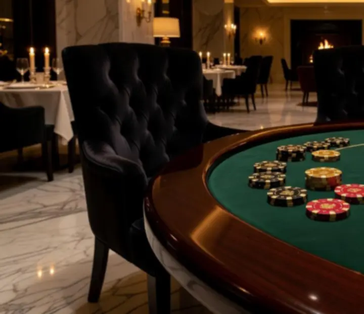 Exkluzív, prémium poker asztal elegáns, gyertyafényes éttermi környezetben