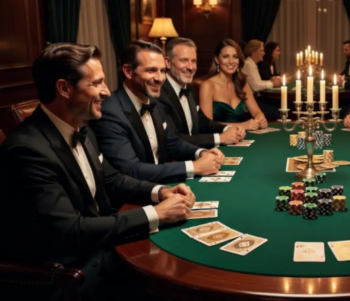 Elegáns poker asztal szimbolikus zsetonokkal, prémium kártyákkal és gyertyafényes környezettel