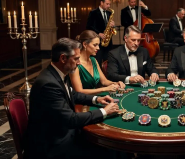 Elegáns poker asztal szimbolikus zsetonokkal egy exkluzív rendezvényen