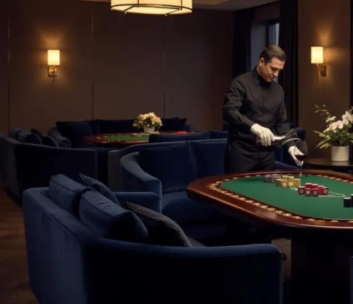 Exkluzív VIP lounge és privát szalon vállalati vendégek számára, elegáns poker asztallal
