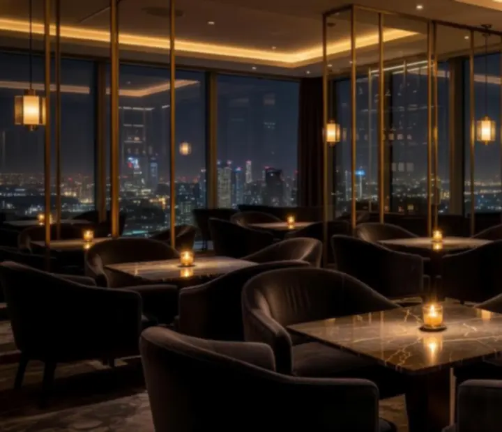 Luxus VIP privát lounge bársonyos fotelekkel és márvány asztalokkal
