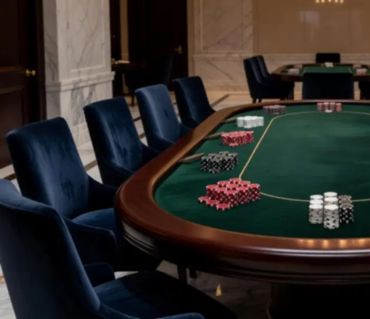 VIP poker terem elegáns pókerasztallal és szimbolikus zsetonokkal
