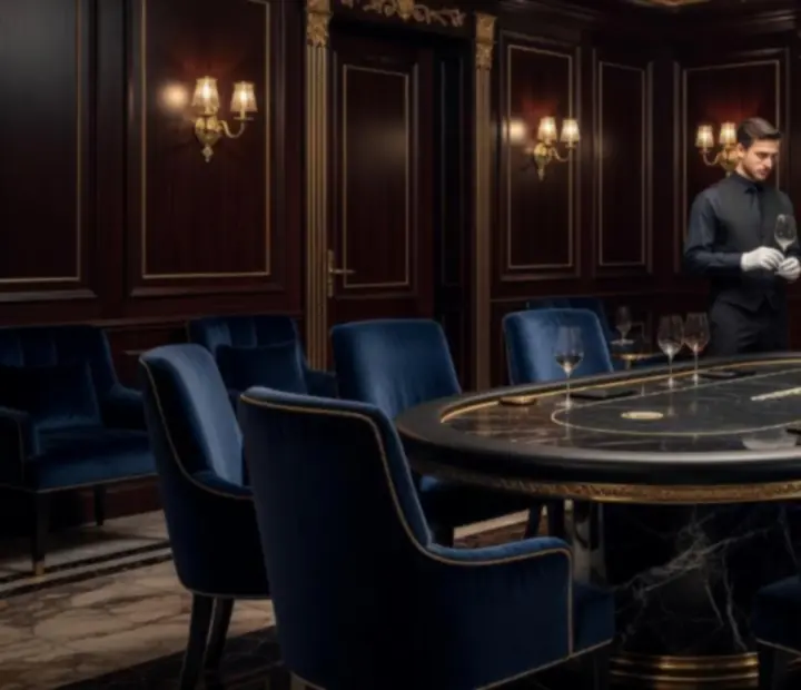 Elegáns VIP szalon bársonyszékekkel és privát poker asztallal